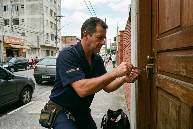 Chaveiro em ação abrindo uma porta com ferramentas profissionais em Guarujá.
