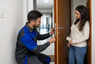 Profissional de chaveiro abrindo uma porta em Guarujá.